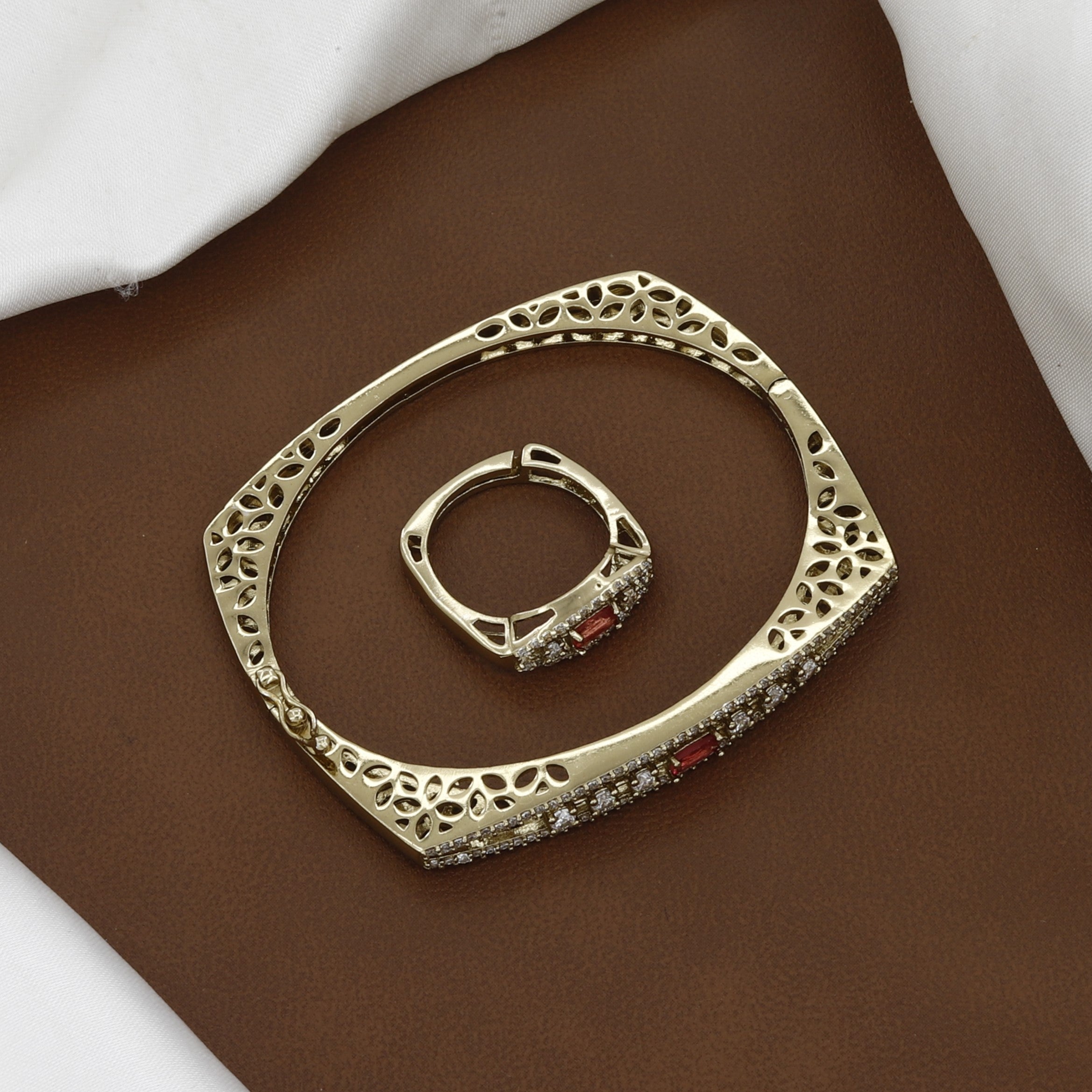 Elegant Crystal & Red Stone Cuff Bracelet Set