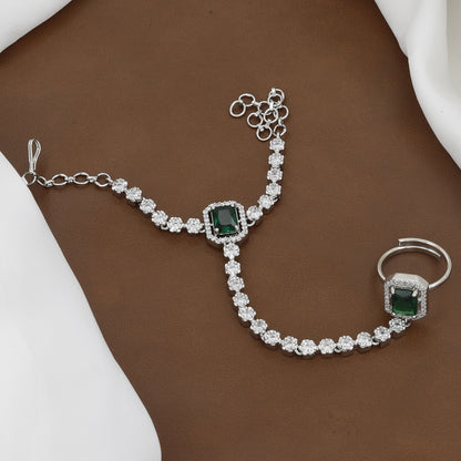 Silver Polished Emerald & CZ Stone Diamond Hath Panja with Colors