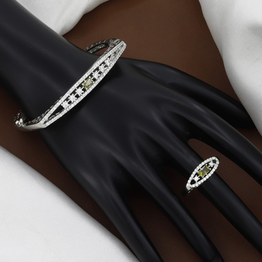 Silver Polished Elegant Crystal & Red Stone Cuff Bracelet Set