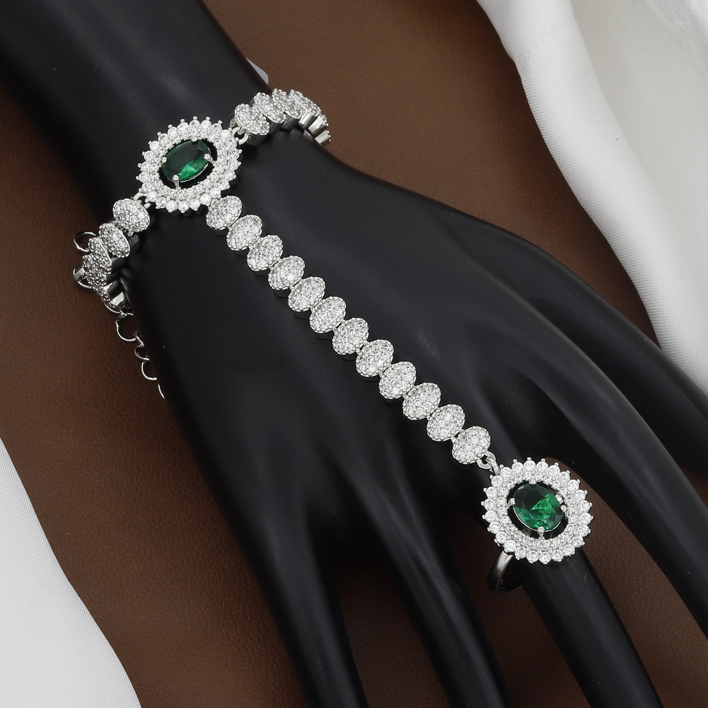 Silver Polished Emerald & CZ Stone Hath Panja