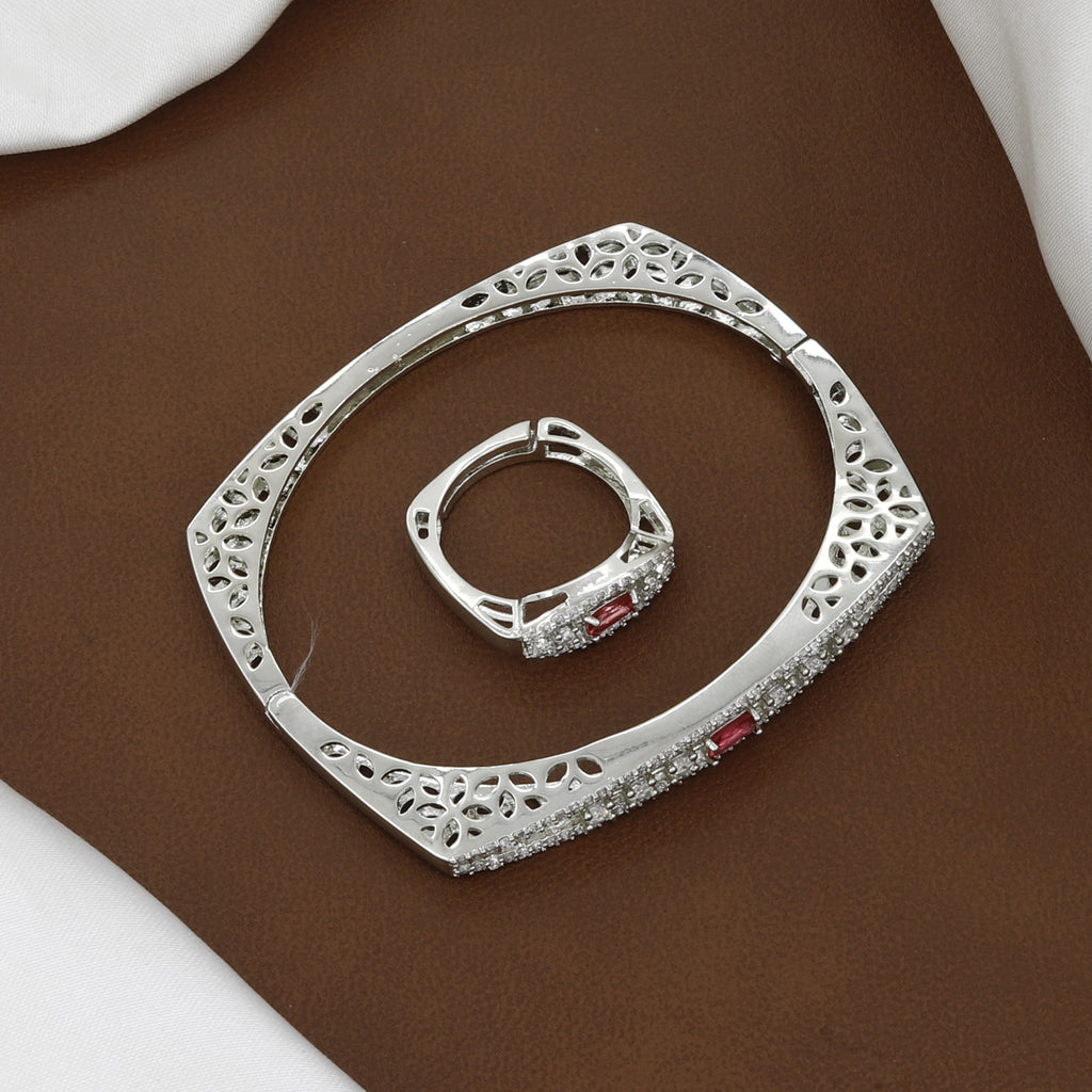 Silver Polished Elegant Crystal & Red Stone Cuff Bracelet Set