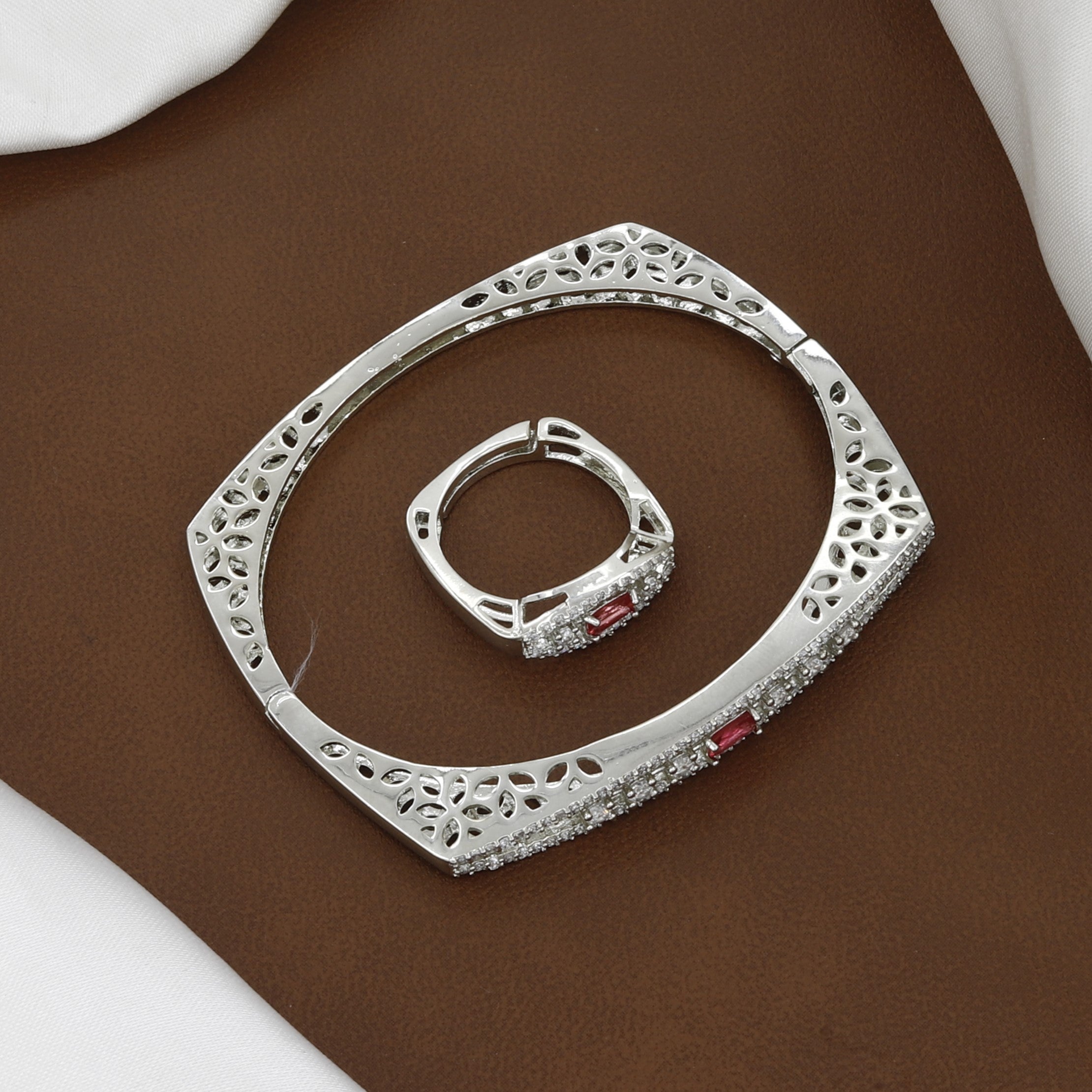 Silver Polished Elegant Crystal & Red Stone Cuff Bracelet Set