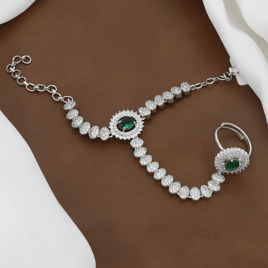 Silver Polished Emerald & CZ Stone Hath Panja