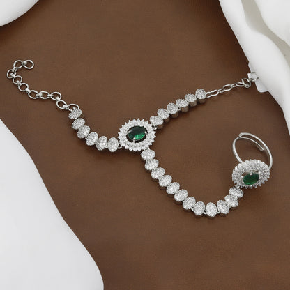 Silver Polished Emerald & CZ Stone Hath Panja