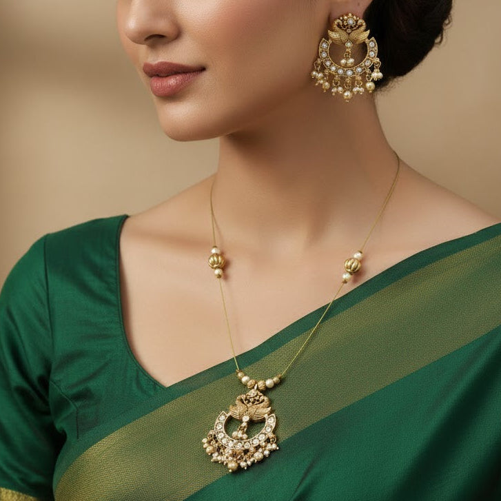Antique Gold Peacock Chandbali Necklace Set with Stones & Pearls