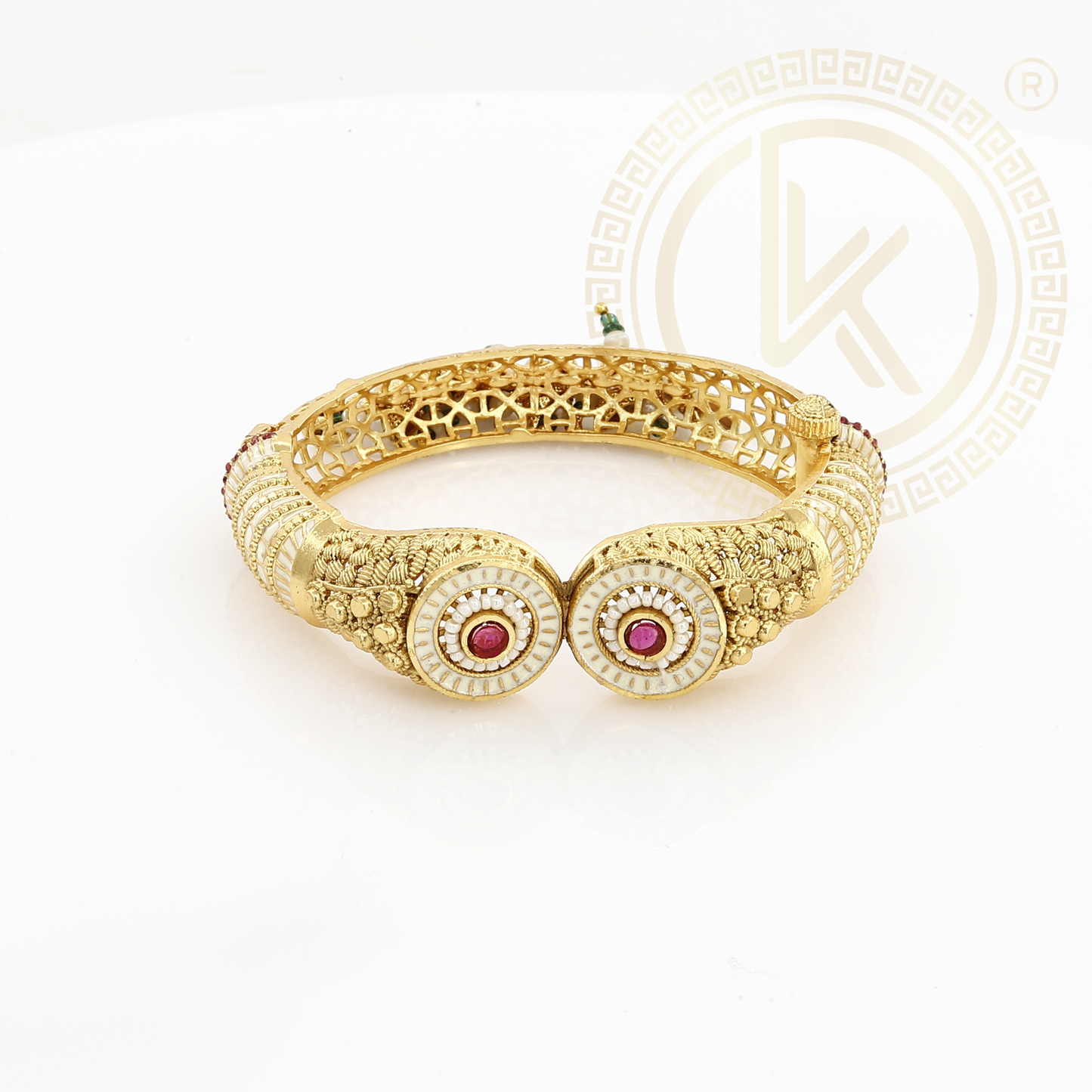 Designer Open Kada with Ruby & White Stone Accents