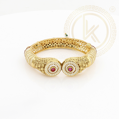 Designer Open Kada with Ruby & White Stone Accents