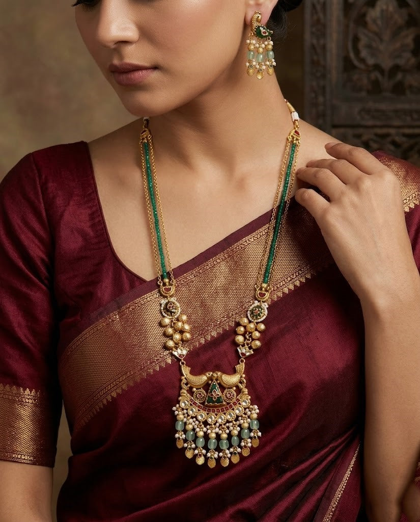 Antique Gold Peacock Necklace Set with Emerald Green Beads & Pearls