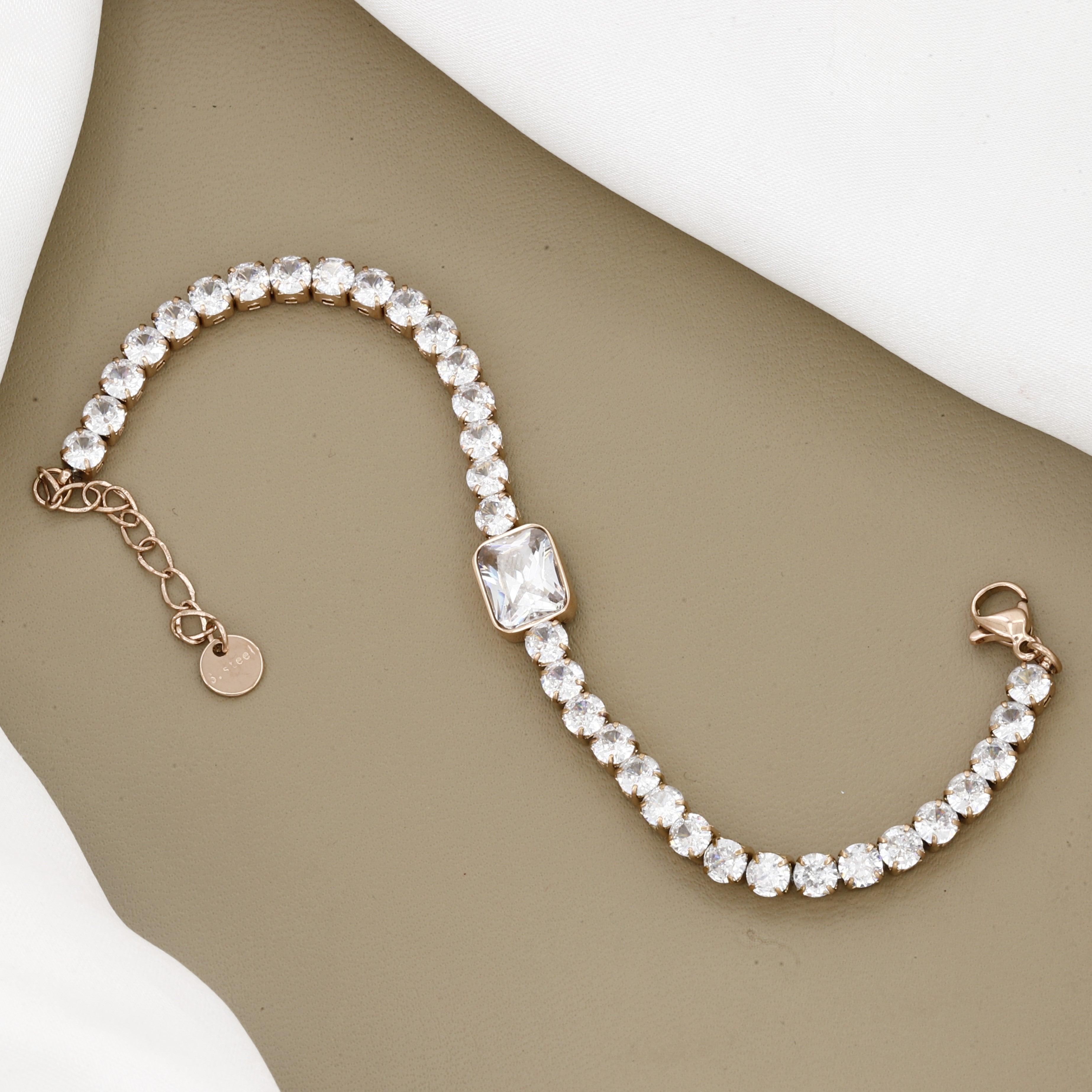 Emerald Cut Center Stainless Steel Crystal Tennis Bracelet