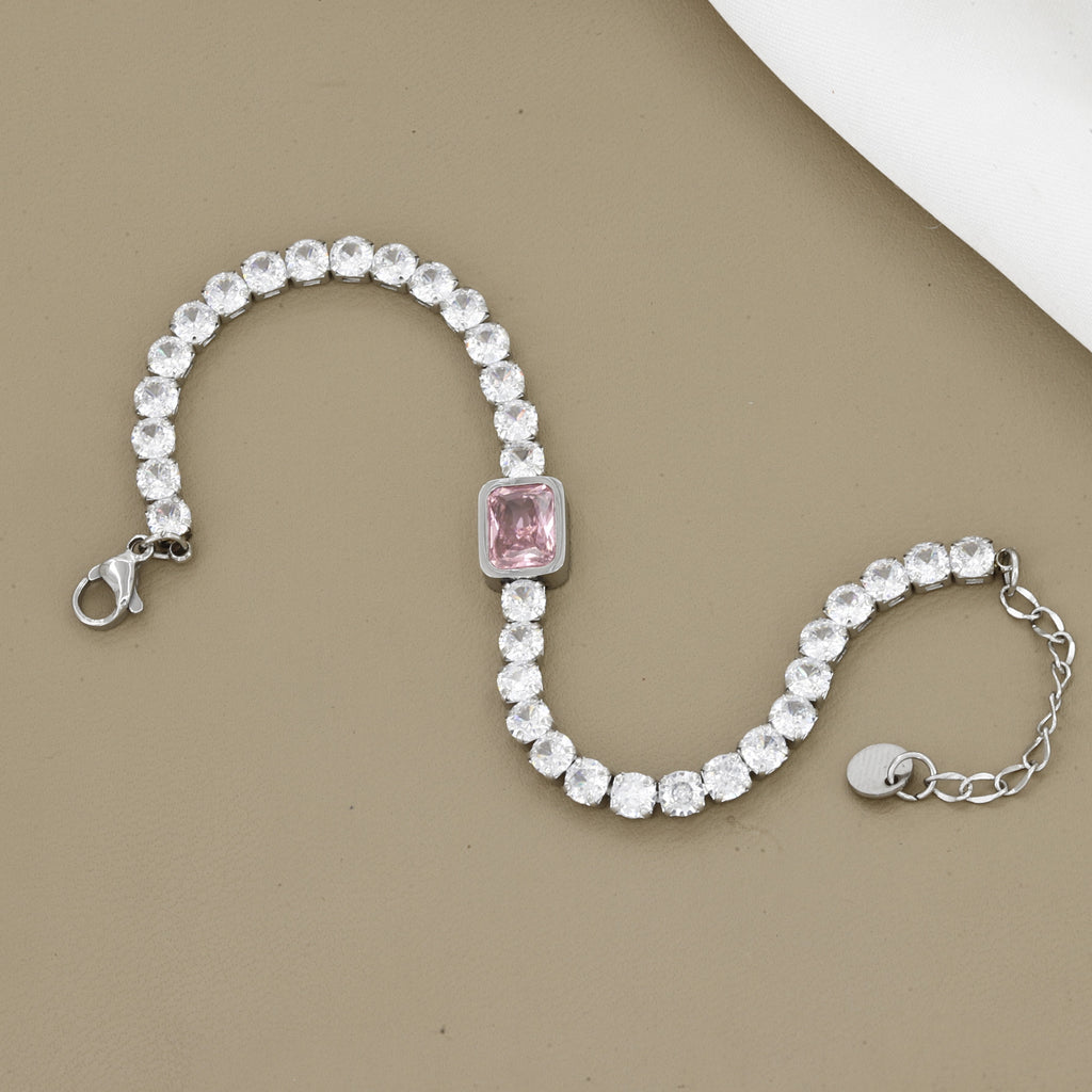 Silver Stacking Jewelry Pink Emerald Cut Tennis Bracelet