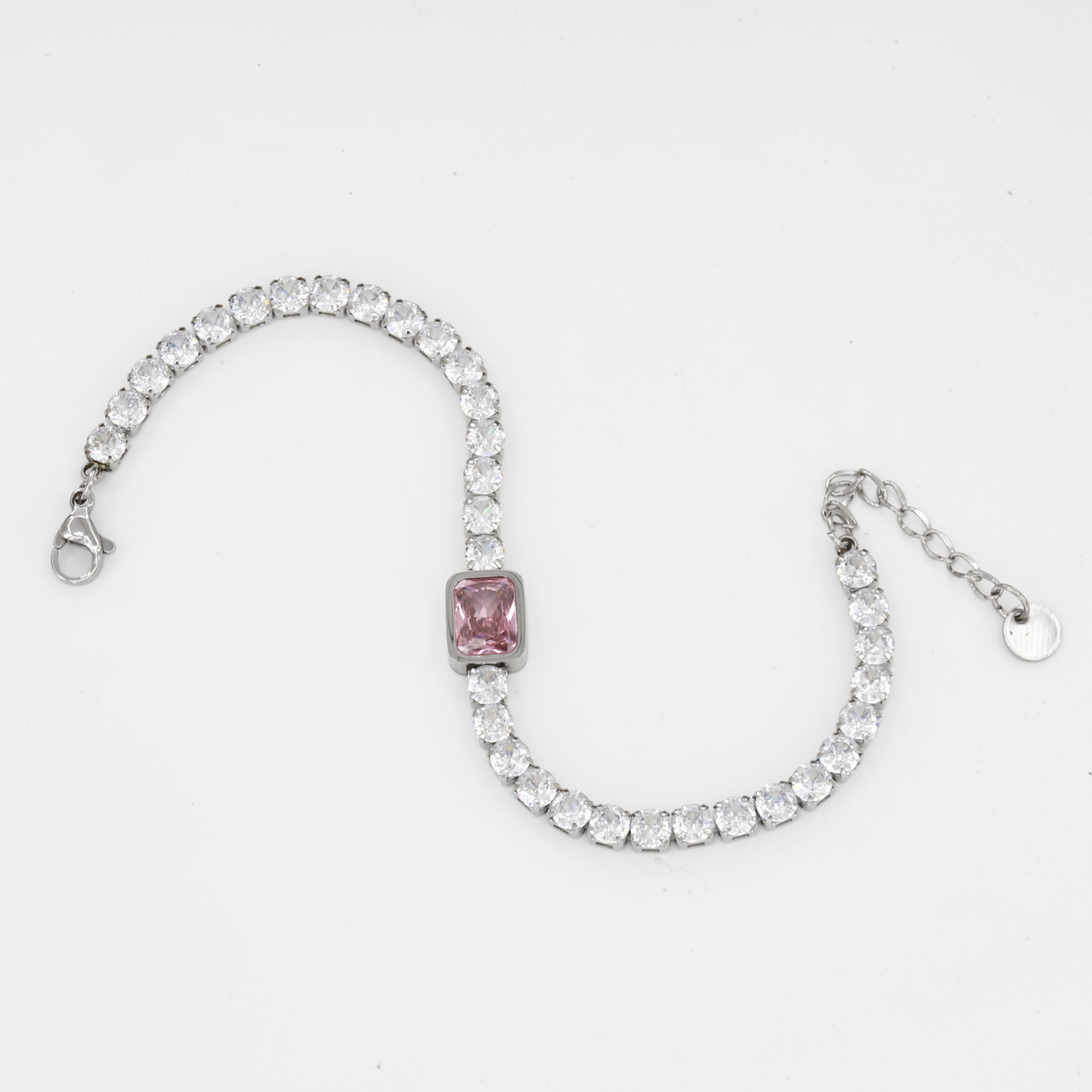 Silver Stacking Jewelry Pink Emerald Cut Tennis Bracelet