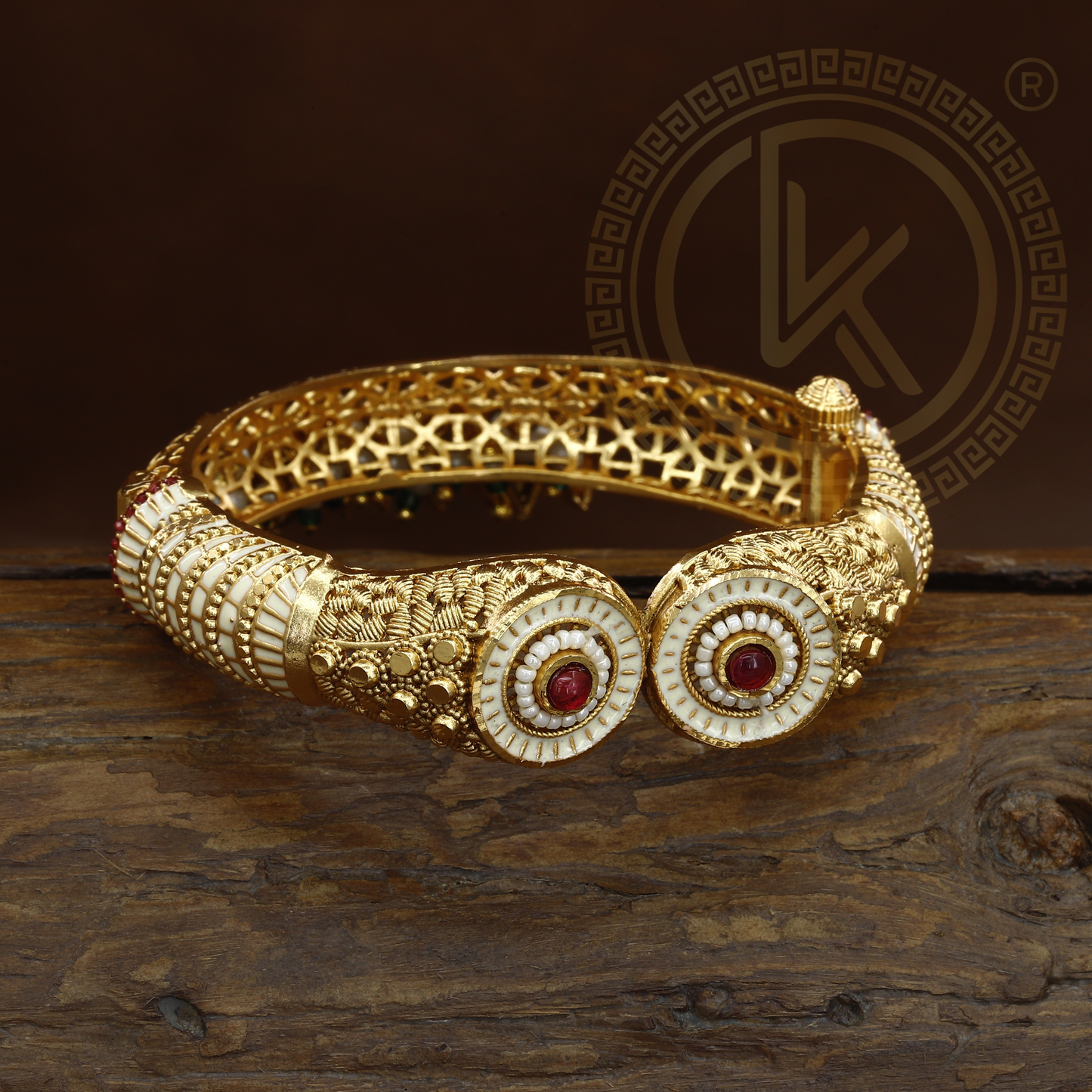 Designer Open Kada with Ruby & White Stone Accents
