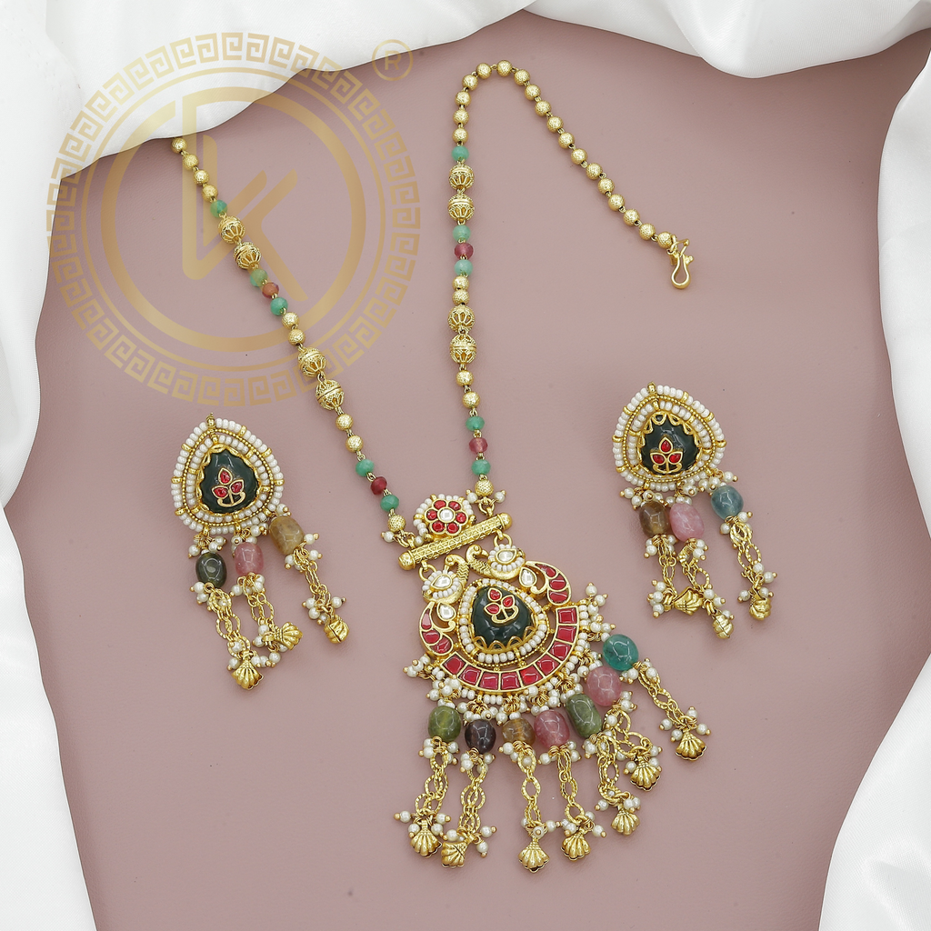 Multicolor Beads Kundan Necklace Set with Meenakari Pendant & Earrings