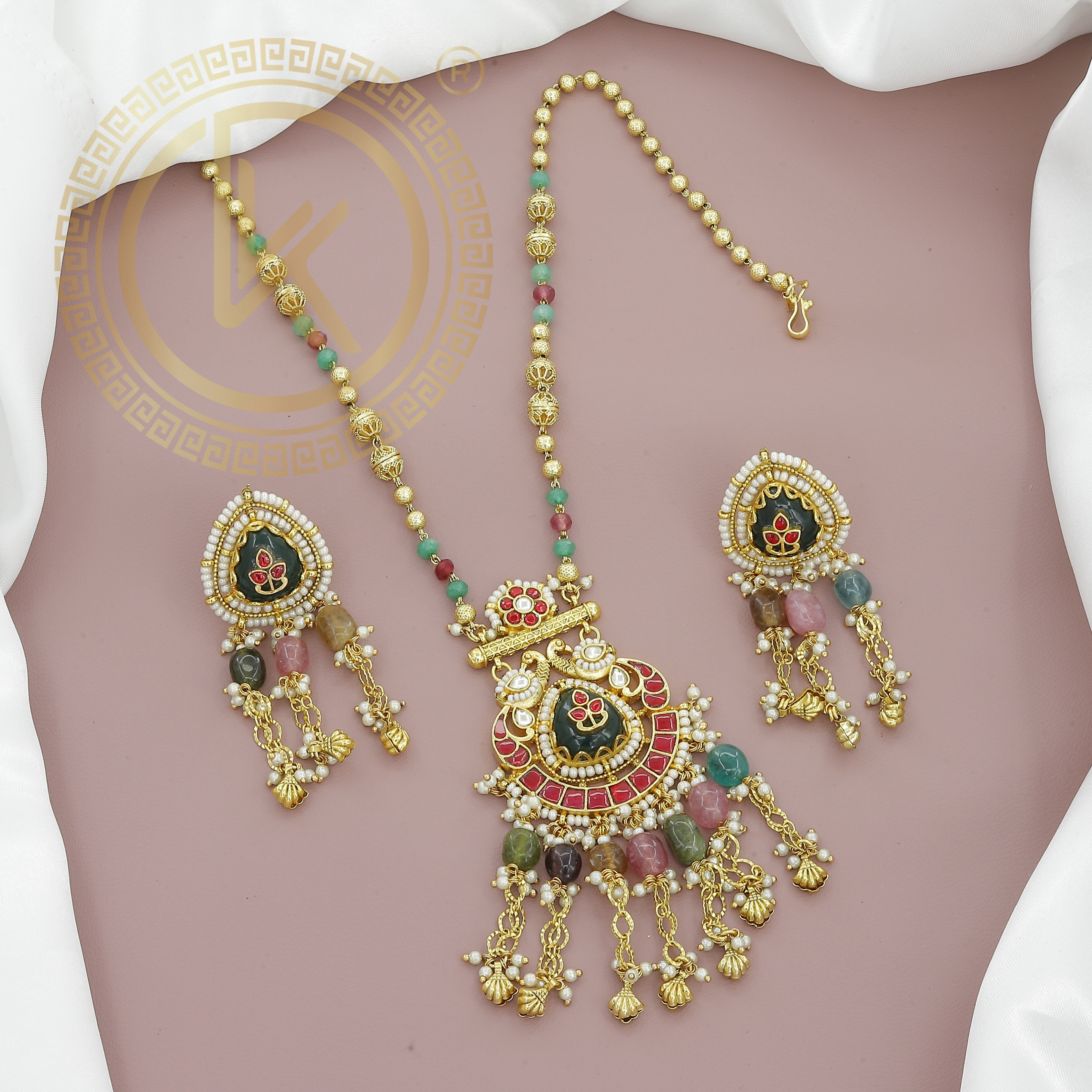 Multicolor Beads Kundan Necklace Set with Meenakari Pendant & Earrings