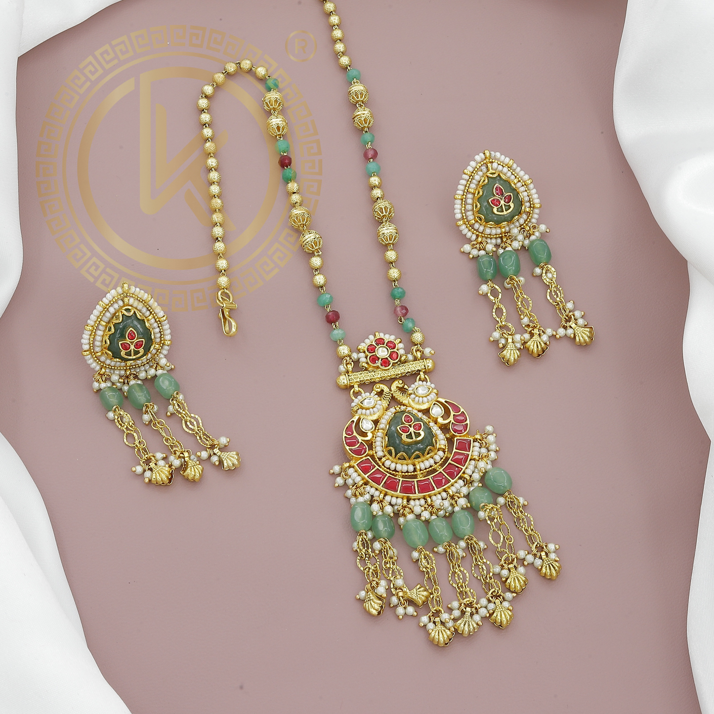 Multicolor Beads Kundan Necklace Set with Meenakari Pendant & Earrings