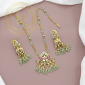 Elegant Kundan Necklace Set with Green Beads & Pearl Detailing