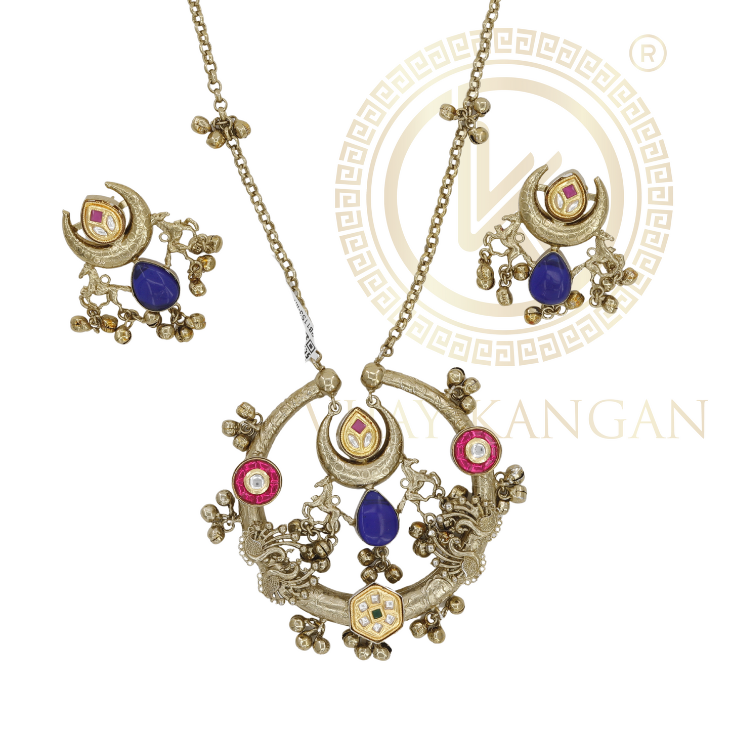 Intricate Oxidized Gold Necklace Set with Colorful Accents