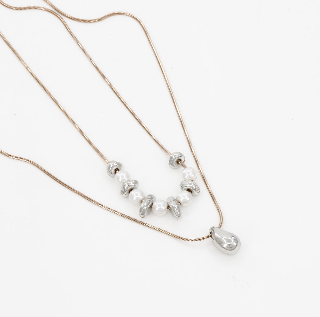Layered Sterling Silver & Pearl Teardrop Necklace