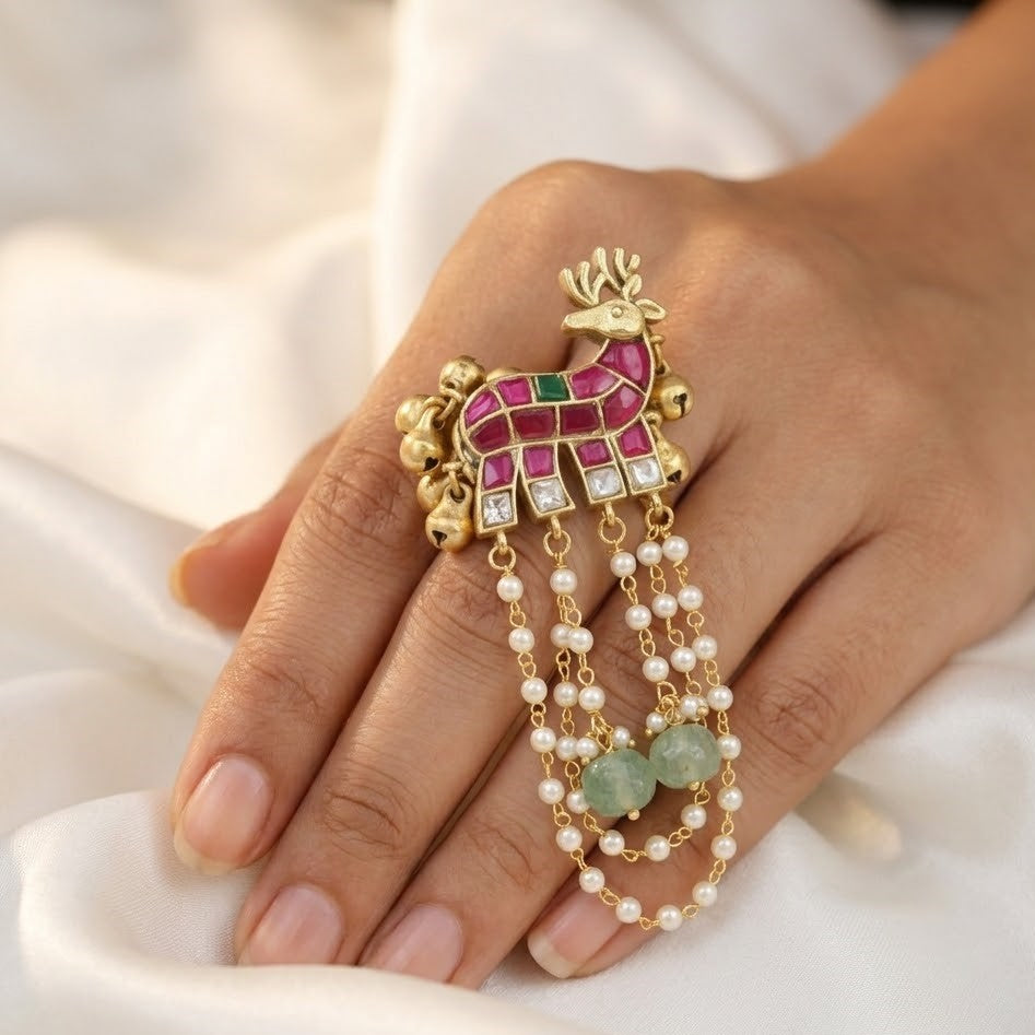 Antique Gold Deer Motif Statement Ring with Pearl Chains