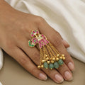 Antique Gold Elephant Motif Statement Ring with Ghungroo Chains