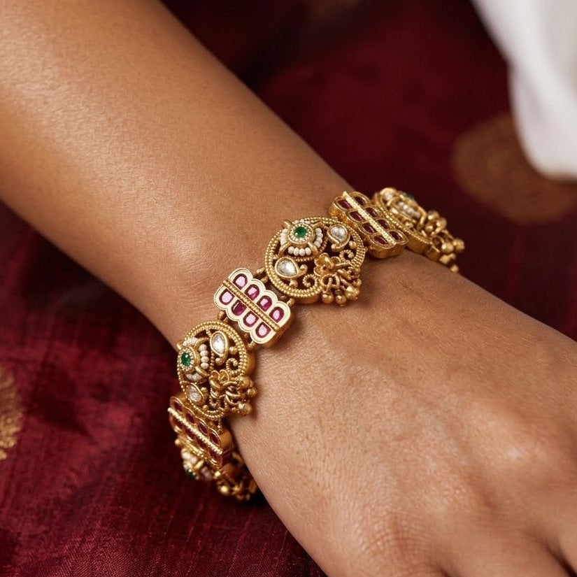 Royal Gold-Plated Kundan Meenakari Peacock Link Bracelet