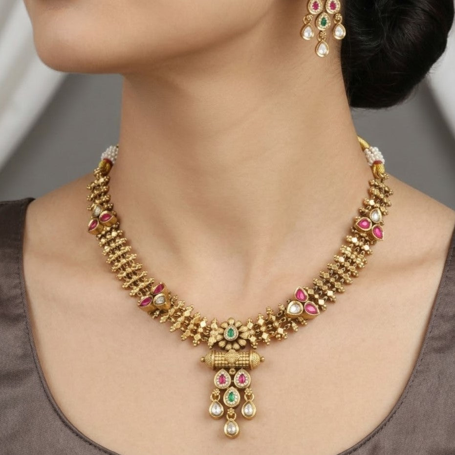 Elegant Antique Gold Floral Necklace & Earring Set