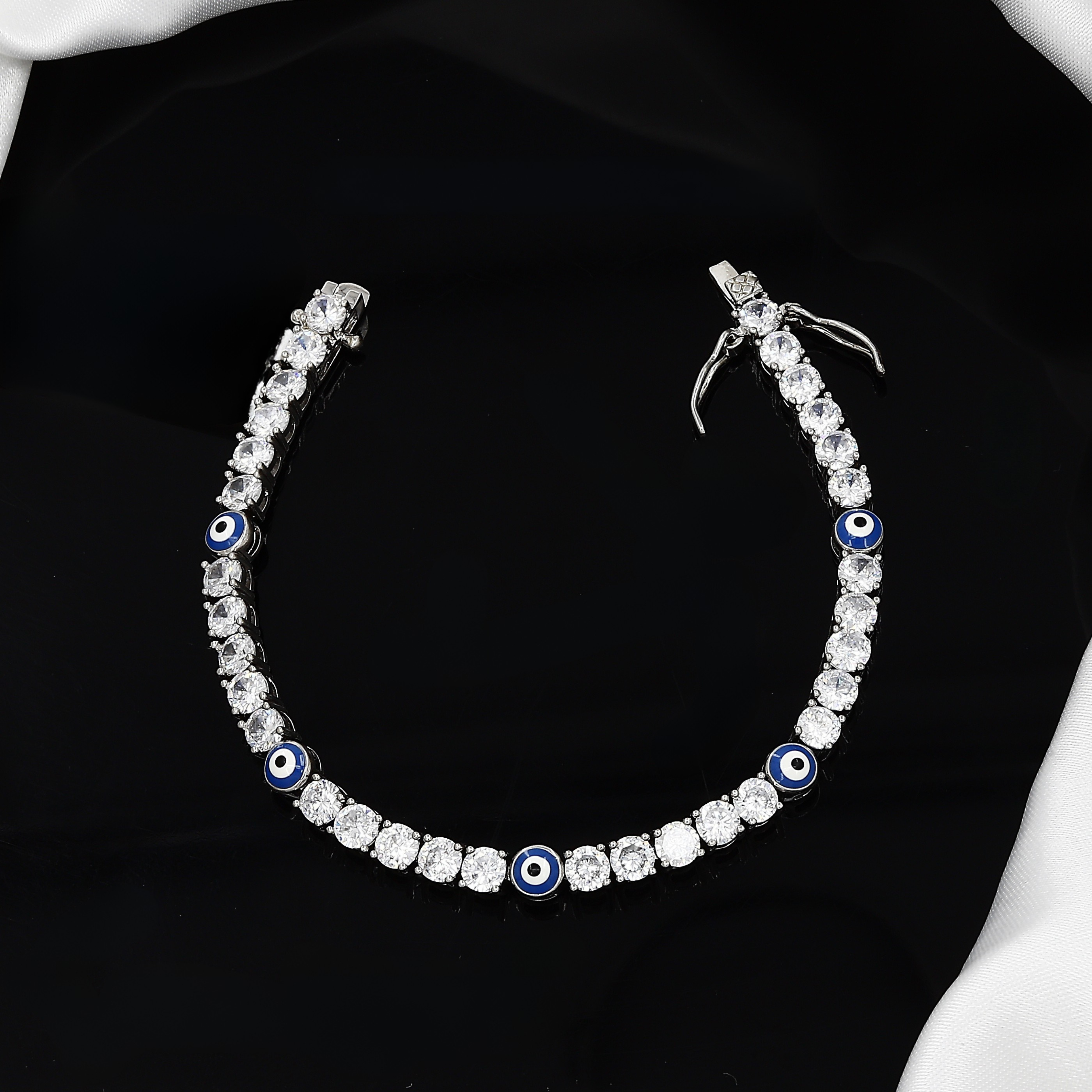 Silver Polished Evil Eye Tennis Bracelet with CZ Stones