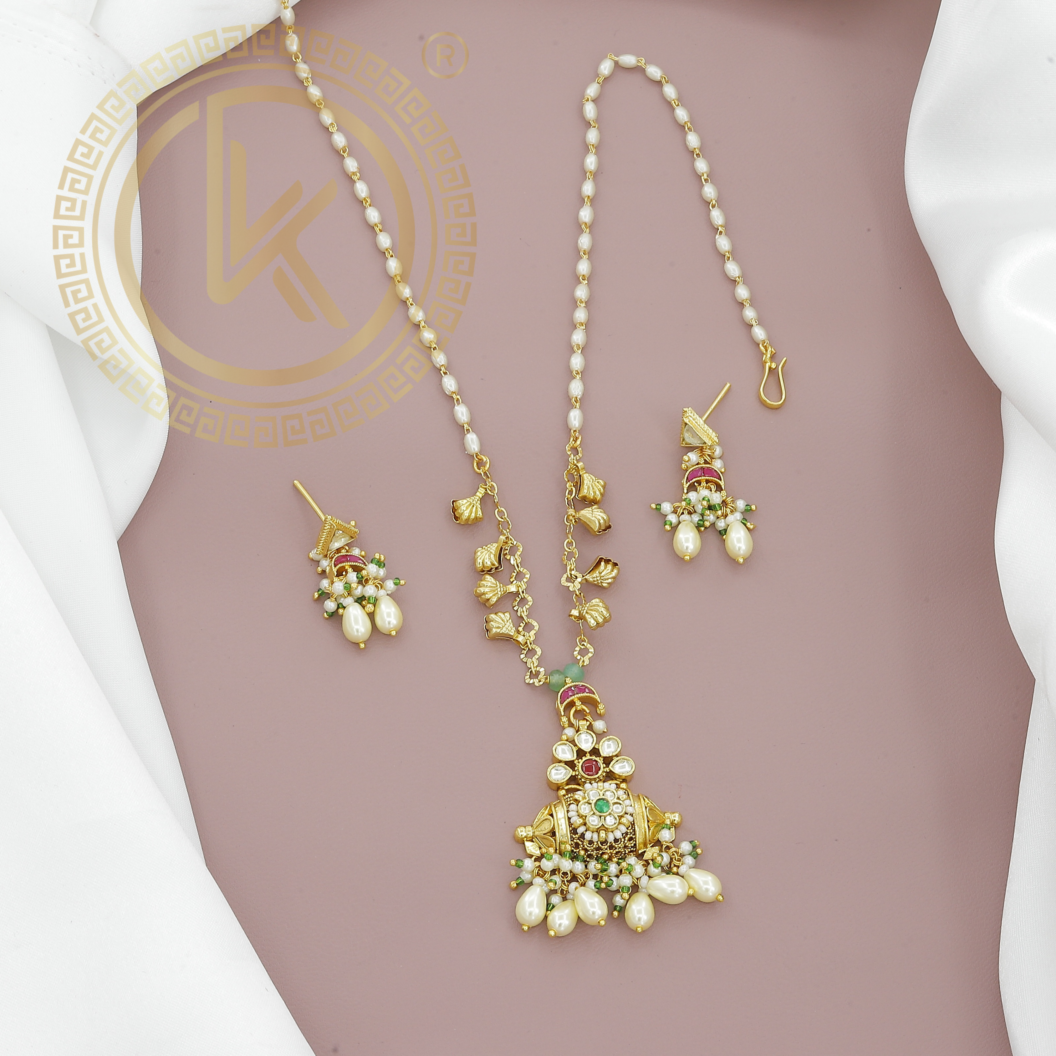 Ethnic Pearl & Kundan Necklace With Earrings