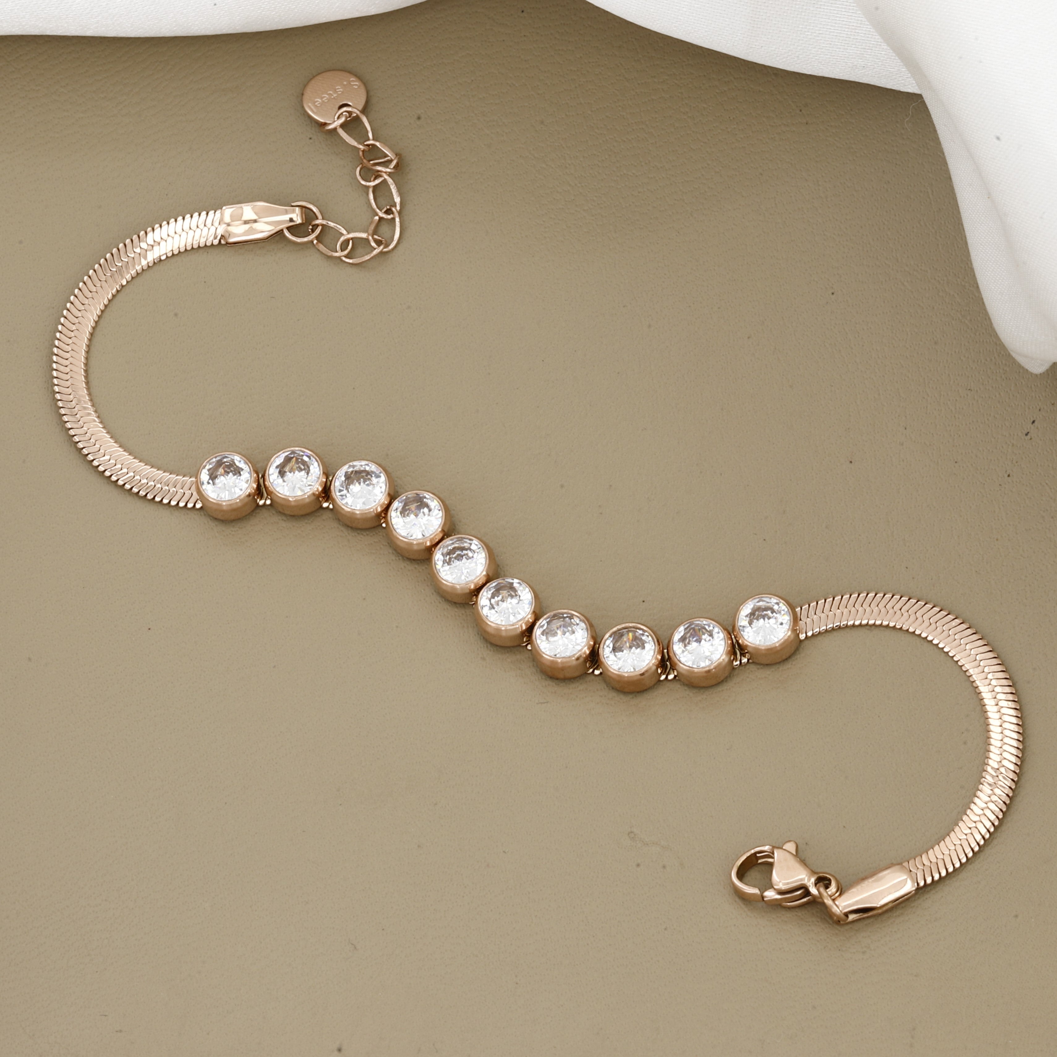 Rose Gold Tone Stainless Steel Crystal Station Bracelet