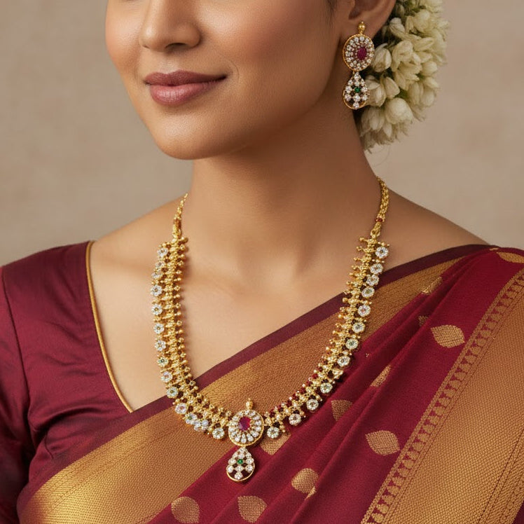 Luxury Gold-Plated CZ Stone Necklace Set with Ruby Accents & Floral Motifs