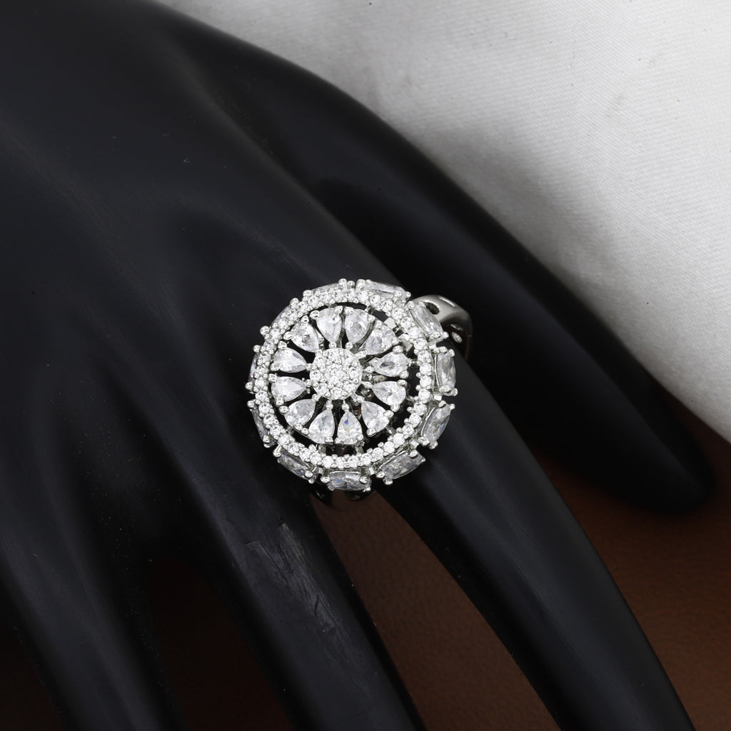 Stunning Silver-Tone CZ Floral Cluster Ring