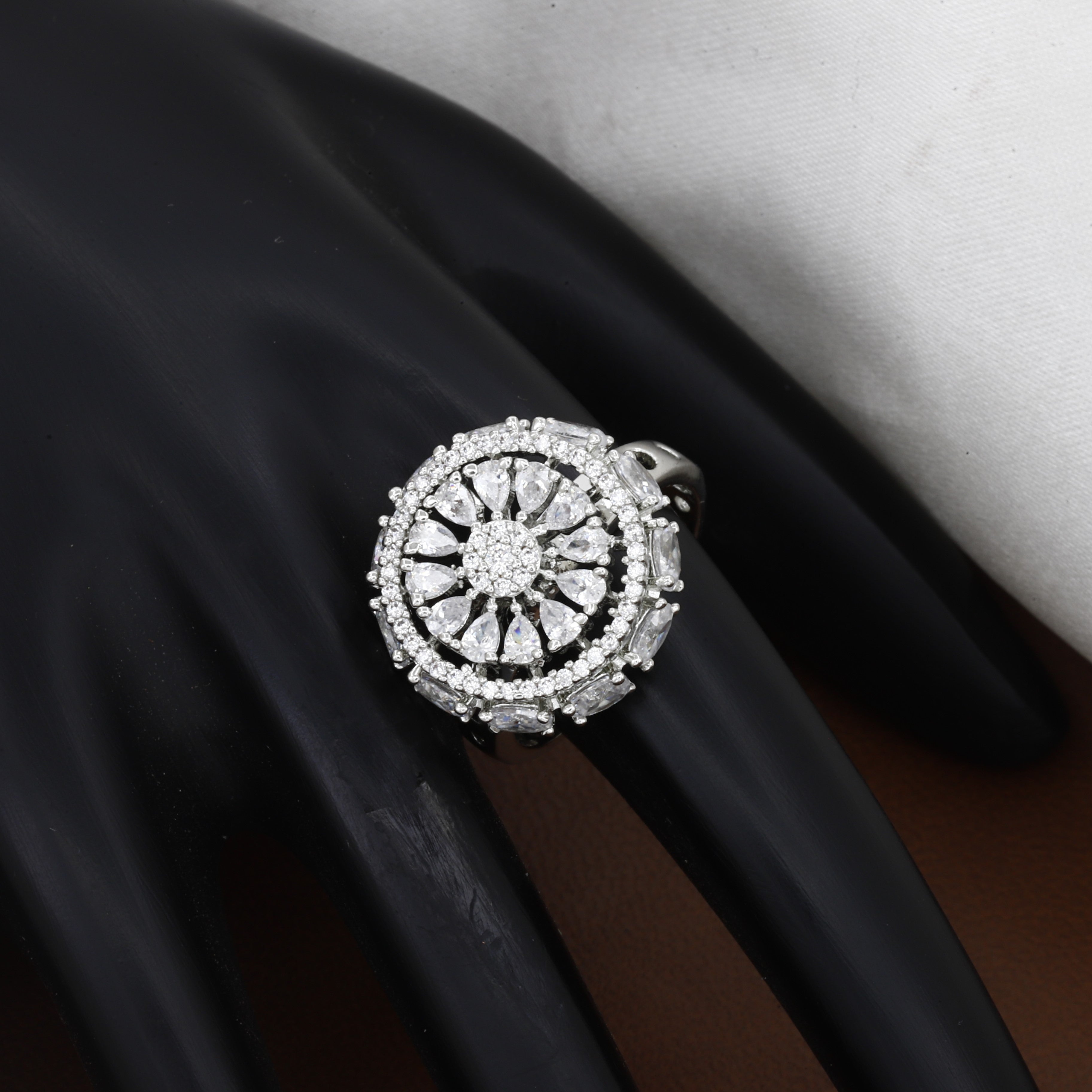 Stunning Silver-Tone CZ Floral Cluster Ring