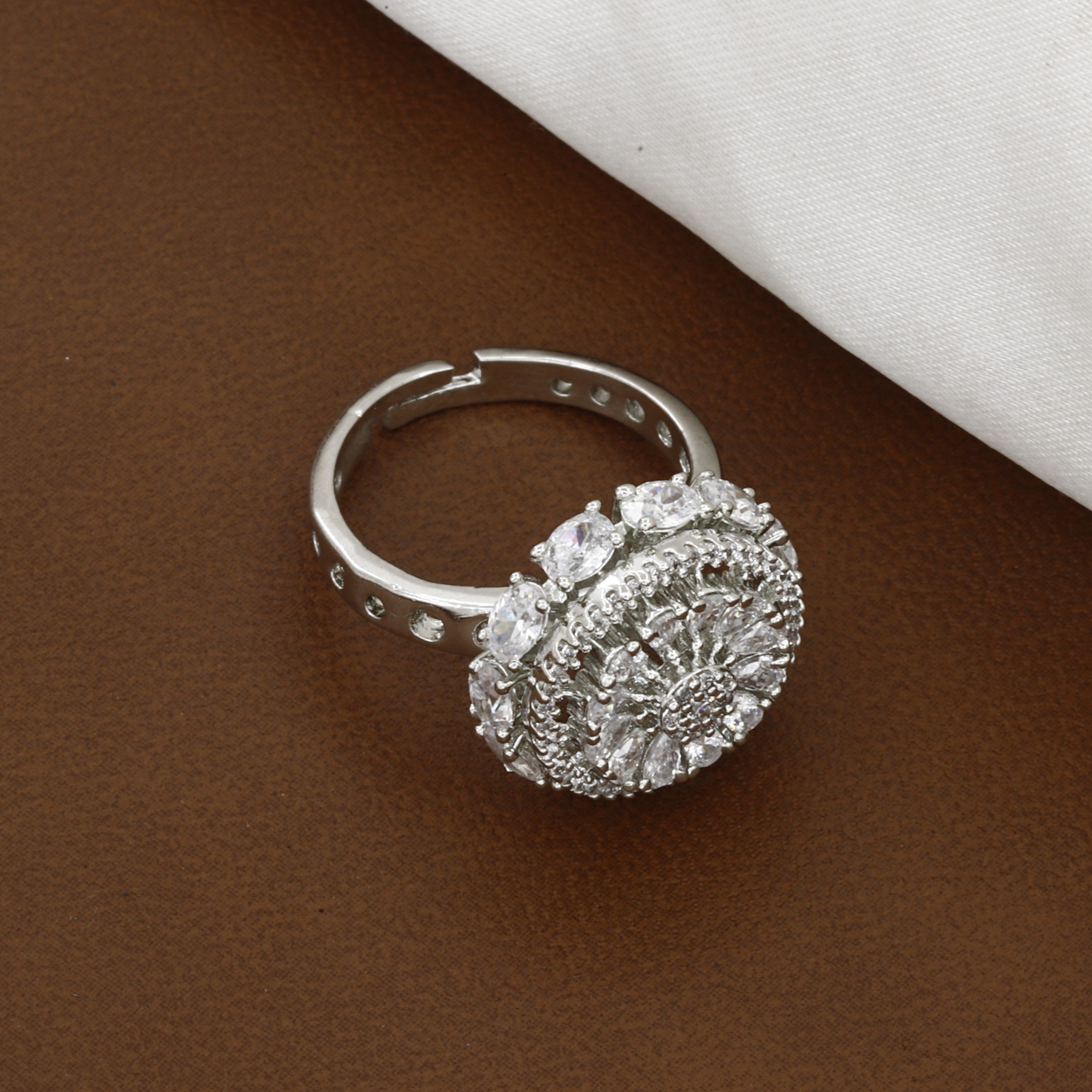 Stunning Silver-Tone CZ Floral Cluster Ring