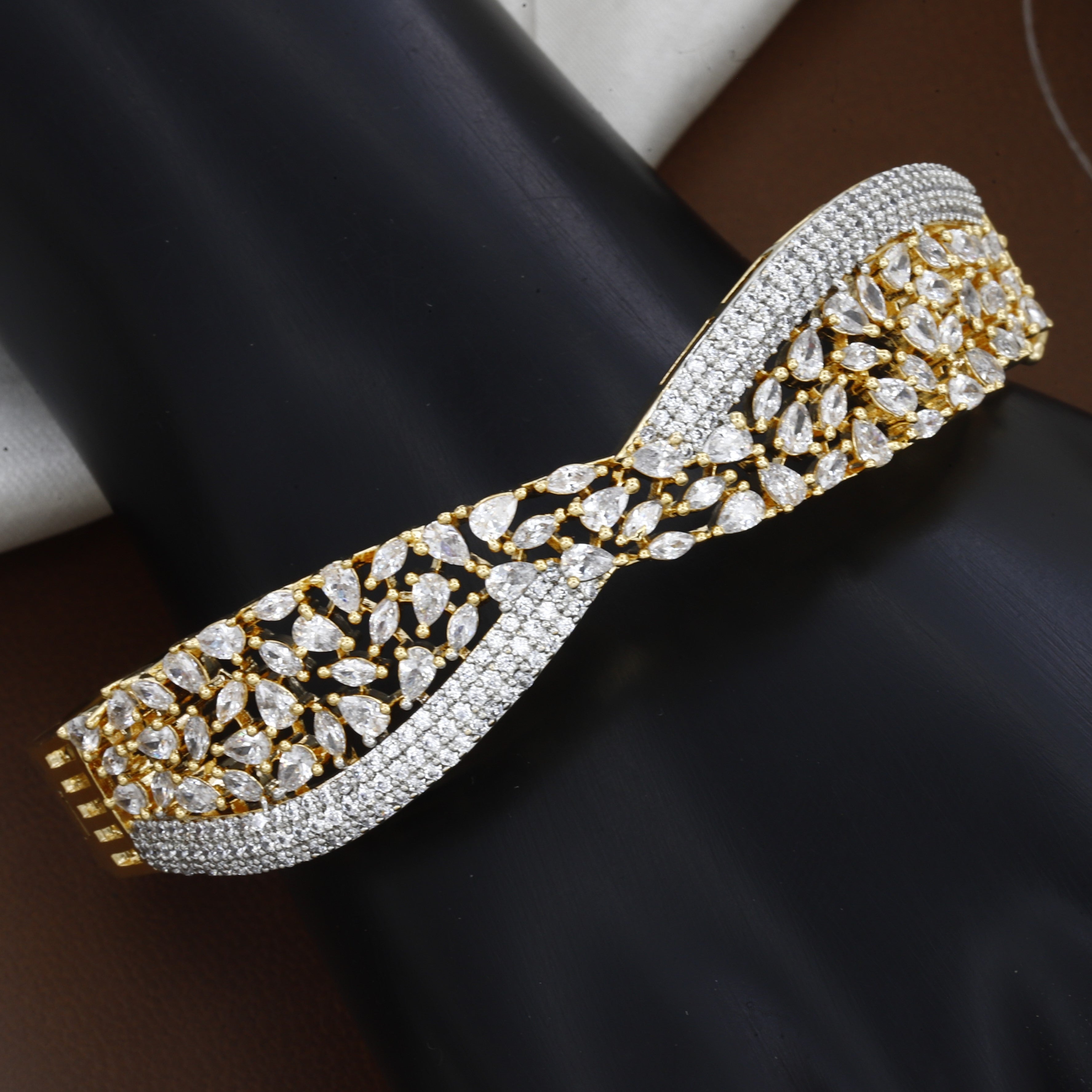 Elegant Gold-Tone CZ Crisscross Diamond Bangle Kada