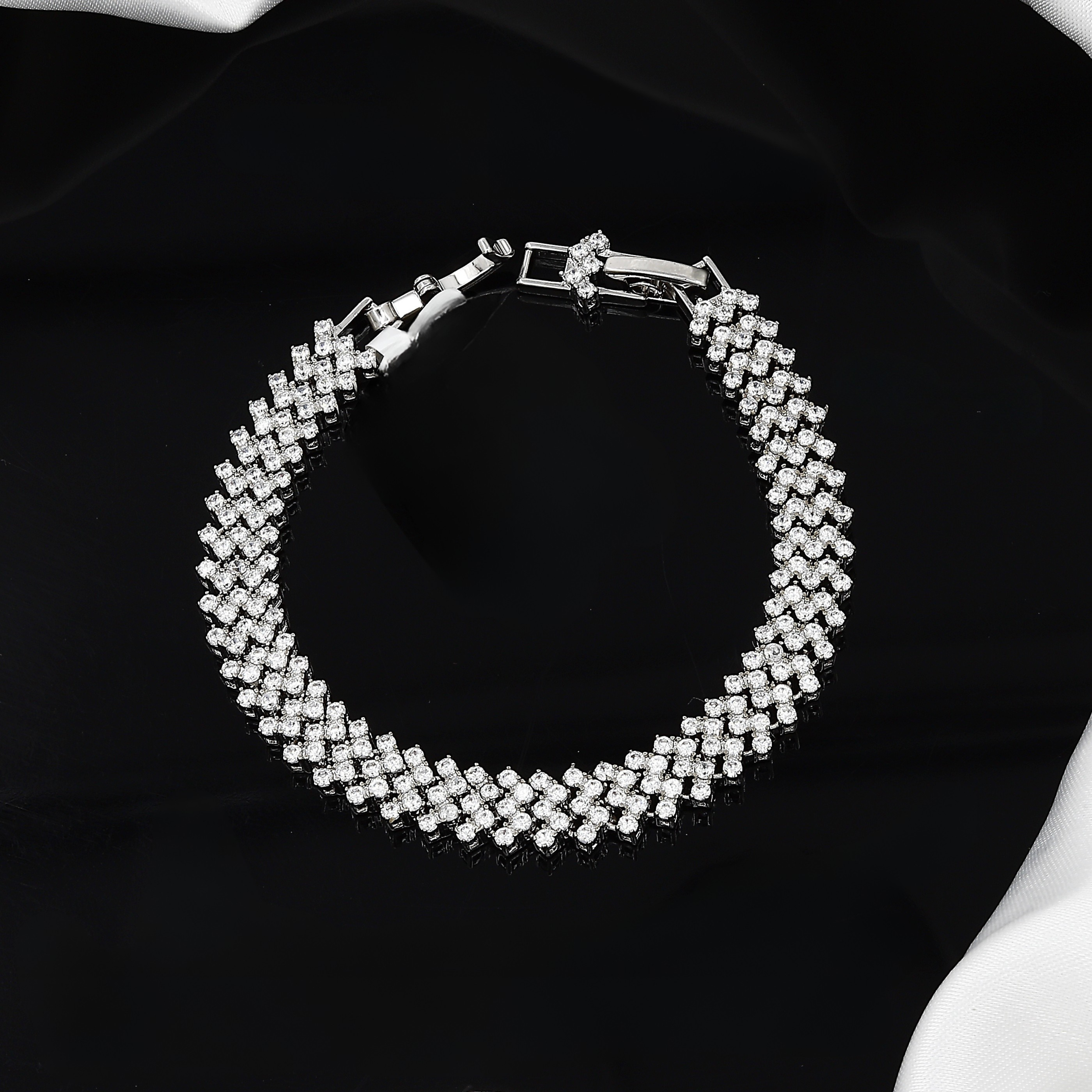 Silver Polished Leaf Design Cubic Zirconia Tennis Bracelet