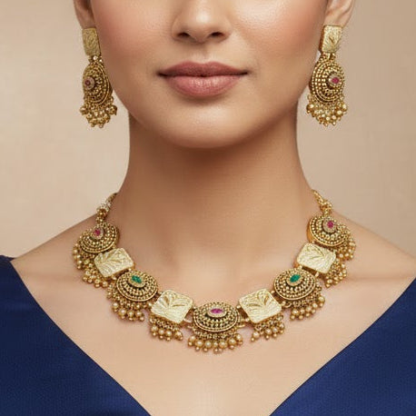 Antique Gold-Plated Necklace Set with Pastel Meenakari