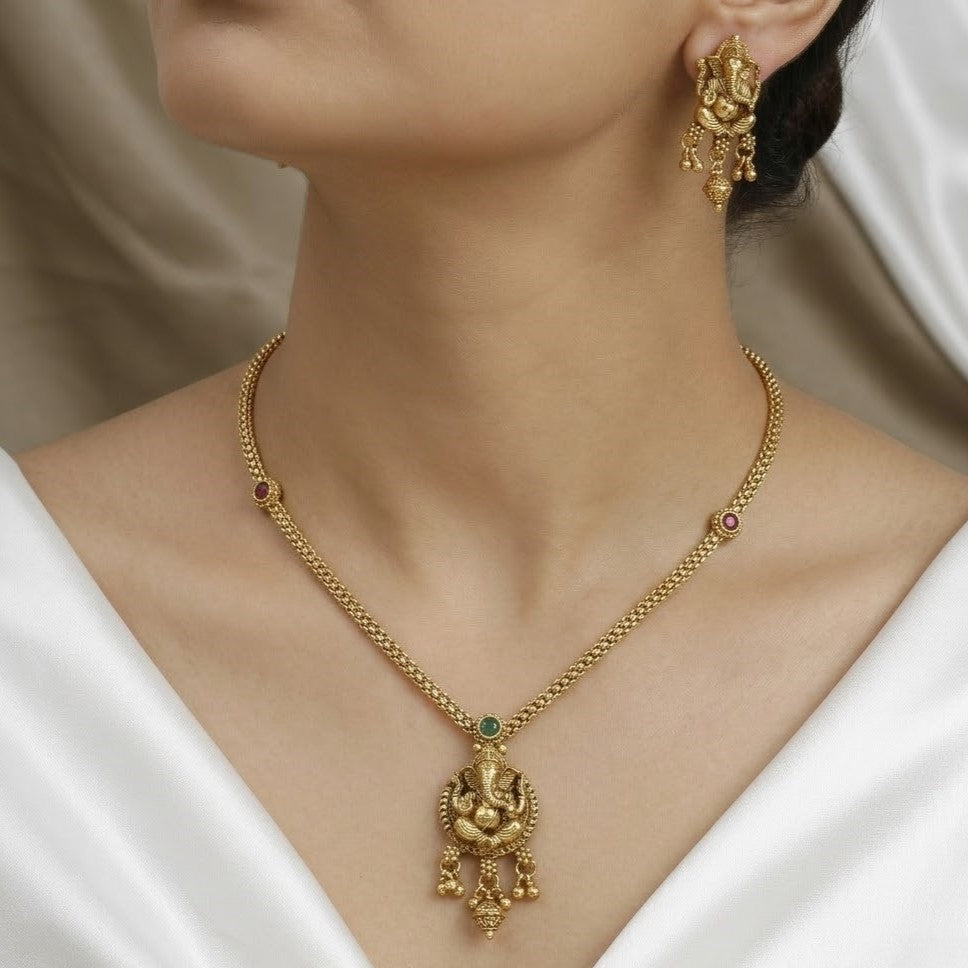 Traditional Lord Ganesha Pendant Necklace & Earrings Set in Gold Finish