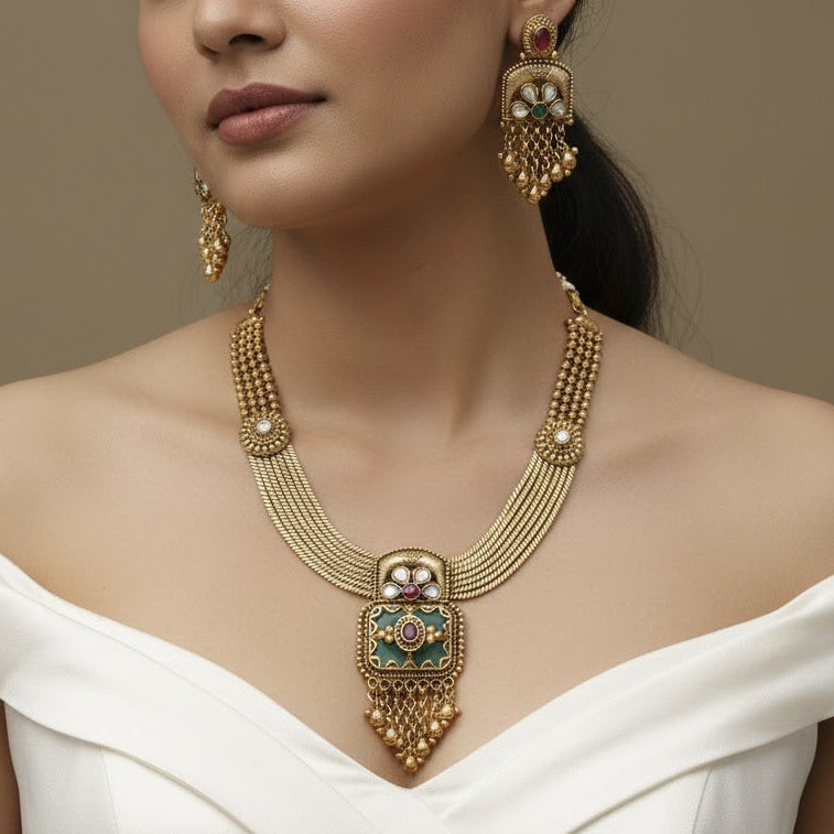 Antique Gold Plated Traditional Necklace Set with Earrings