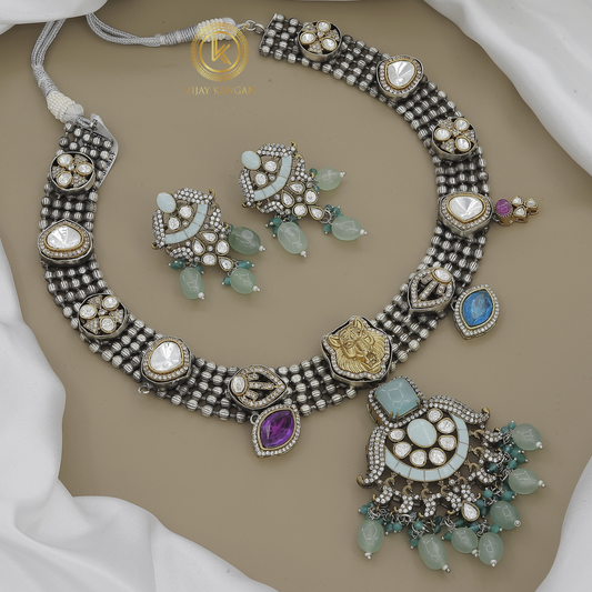 Sangria Silver-Toned Oxidised Kundan & Beaded Necklace Set
