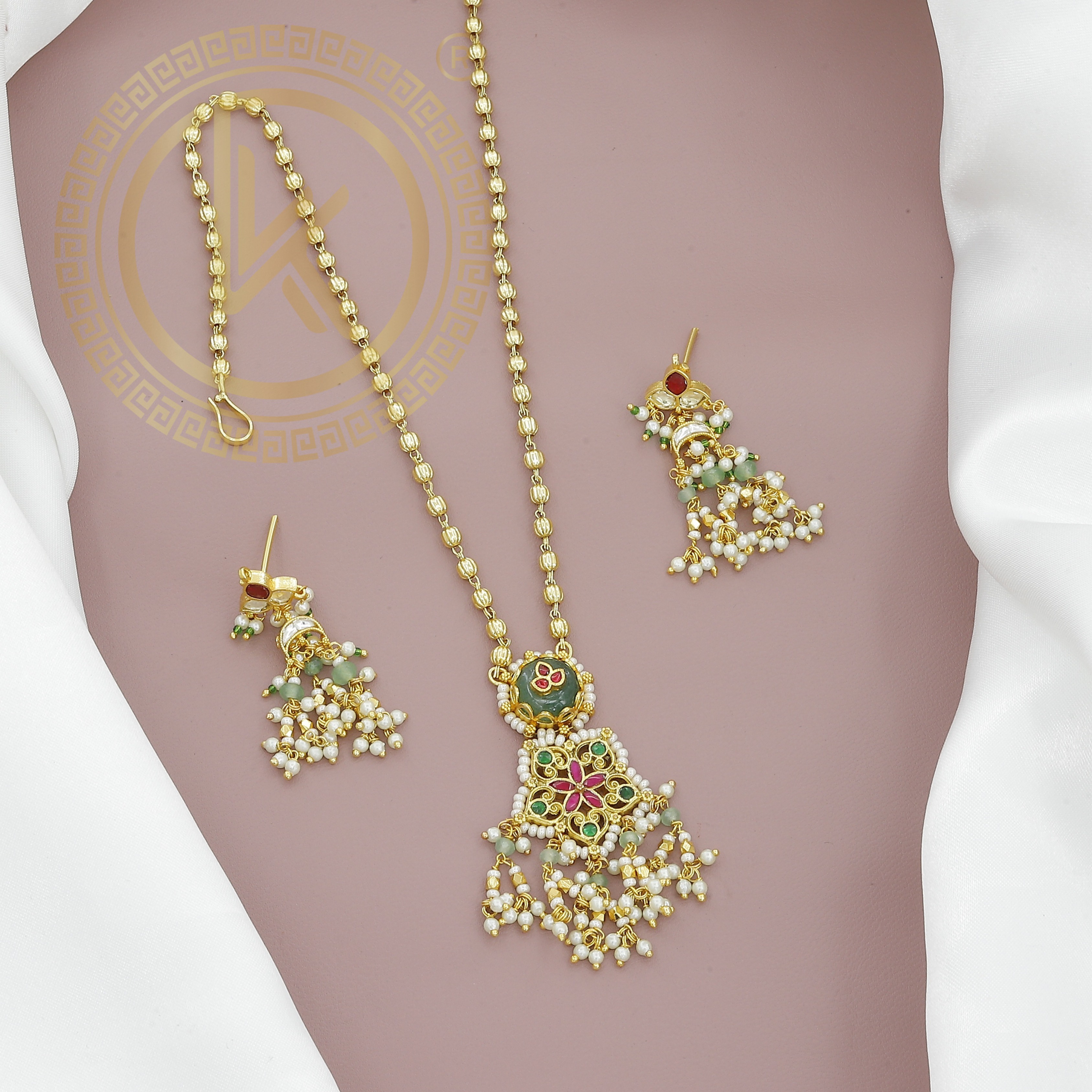 Gold Plated Pearl & Stone Studded Jewellery Set