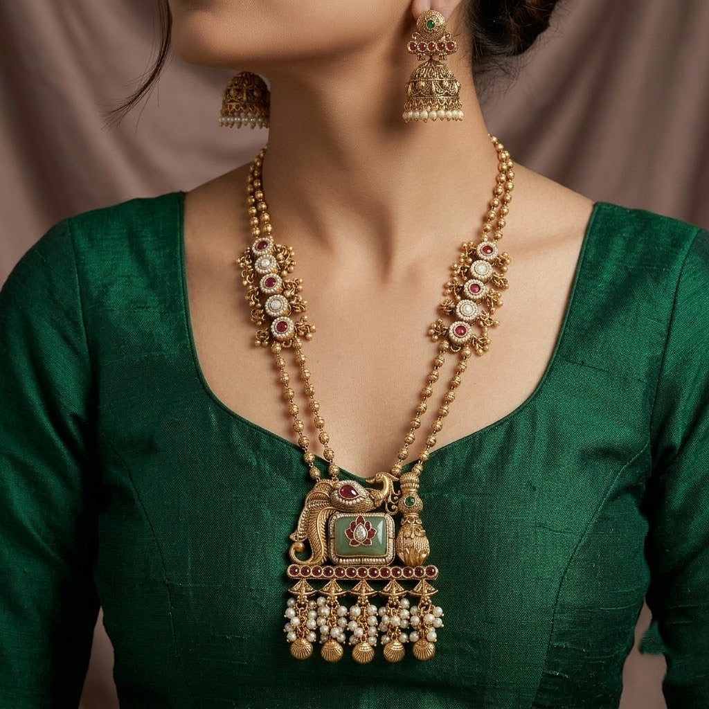 Antique Peacock Long Necklace Set with Jhumkas