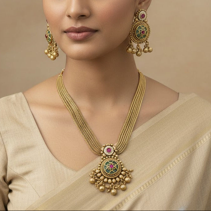 Antique Gold Multi-Strand Necklace Set with Round Pendant