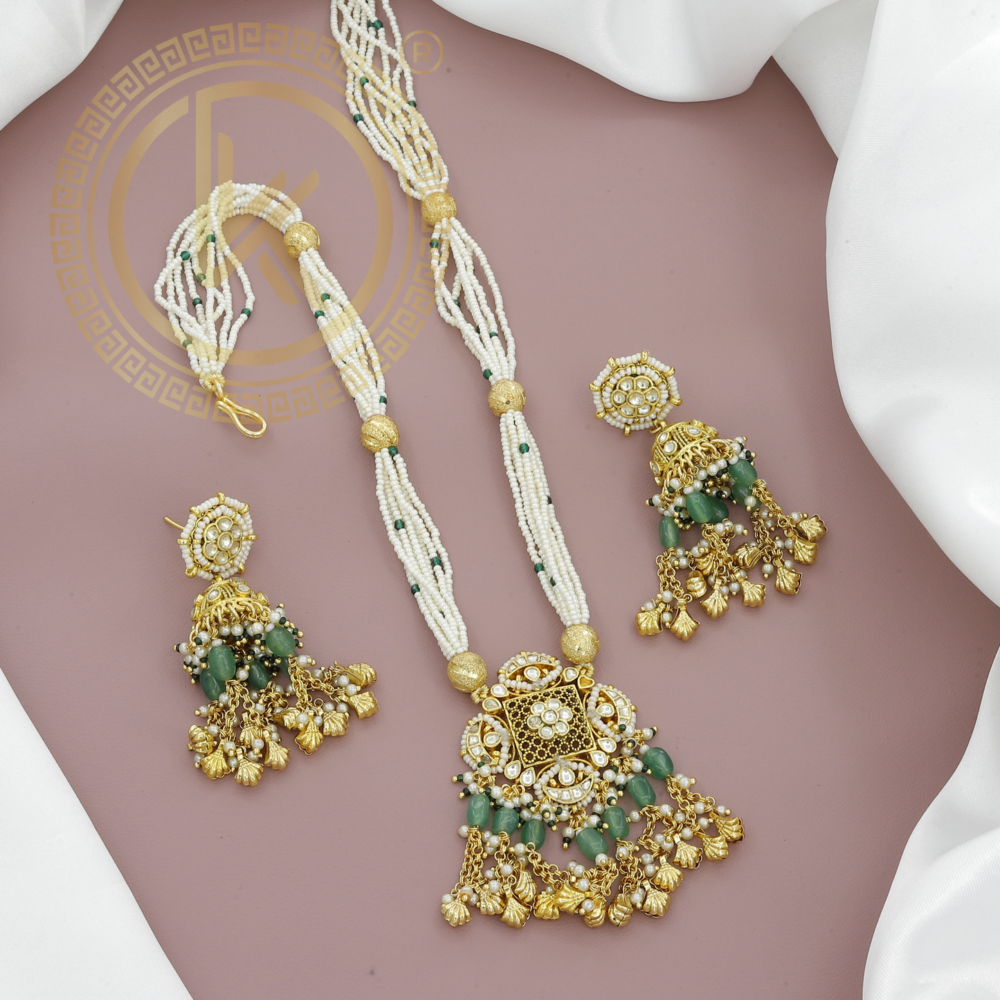 Antique Jadau Rani Haar with Green Beads & Pearls