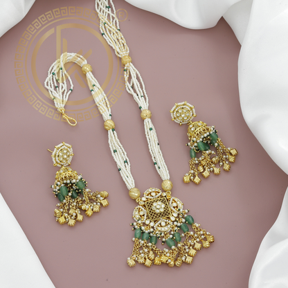Antique Jadau Rani Haar with Green Beads & Pearls