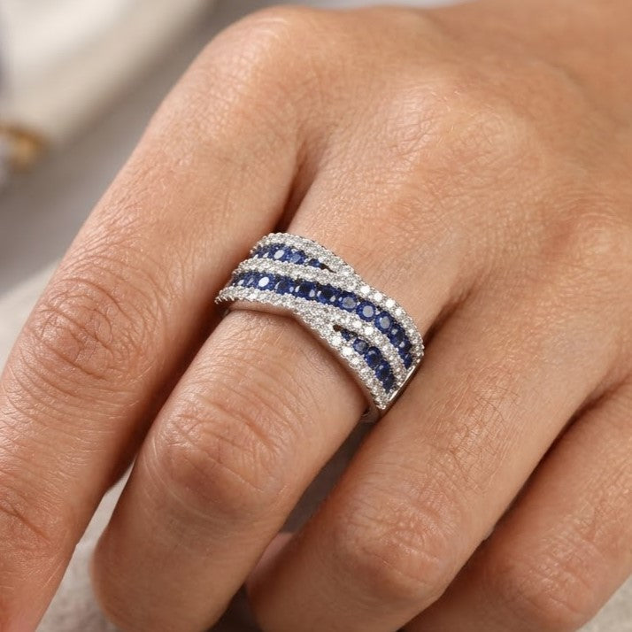 Elegant Blue Sapphire and Clear Zirconia Criss-Cross Multi-Row Band Ring