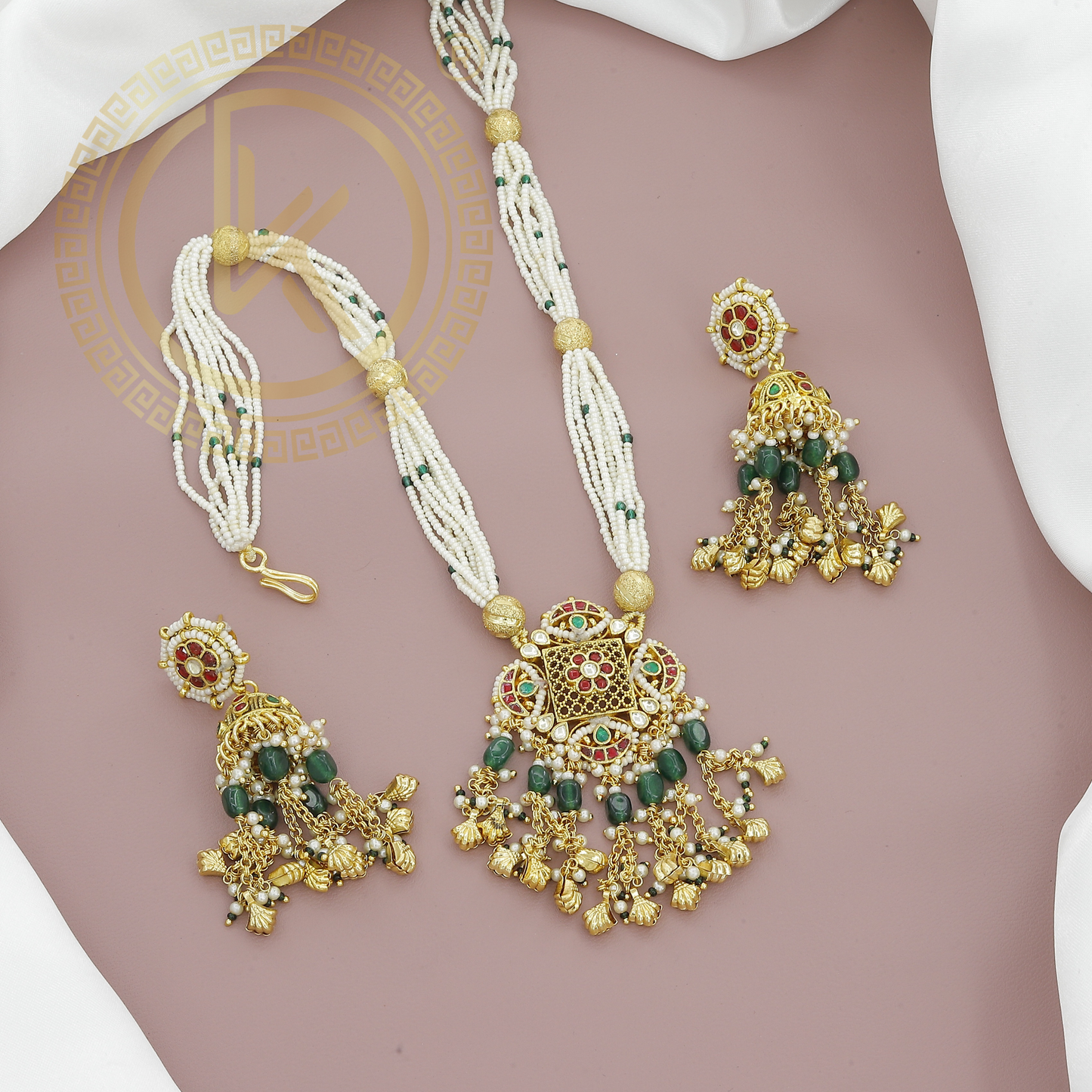 Antique Jadau Rani Haar with Green Beads & Pearls