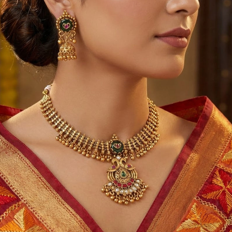 Antique Gold Peacock Pendant Necklace Set with Jhumkas