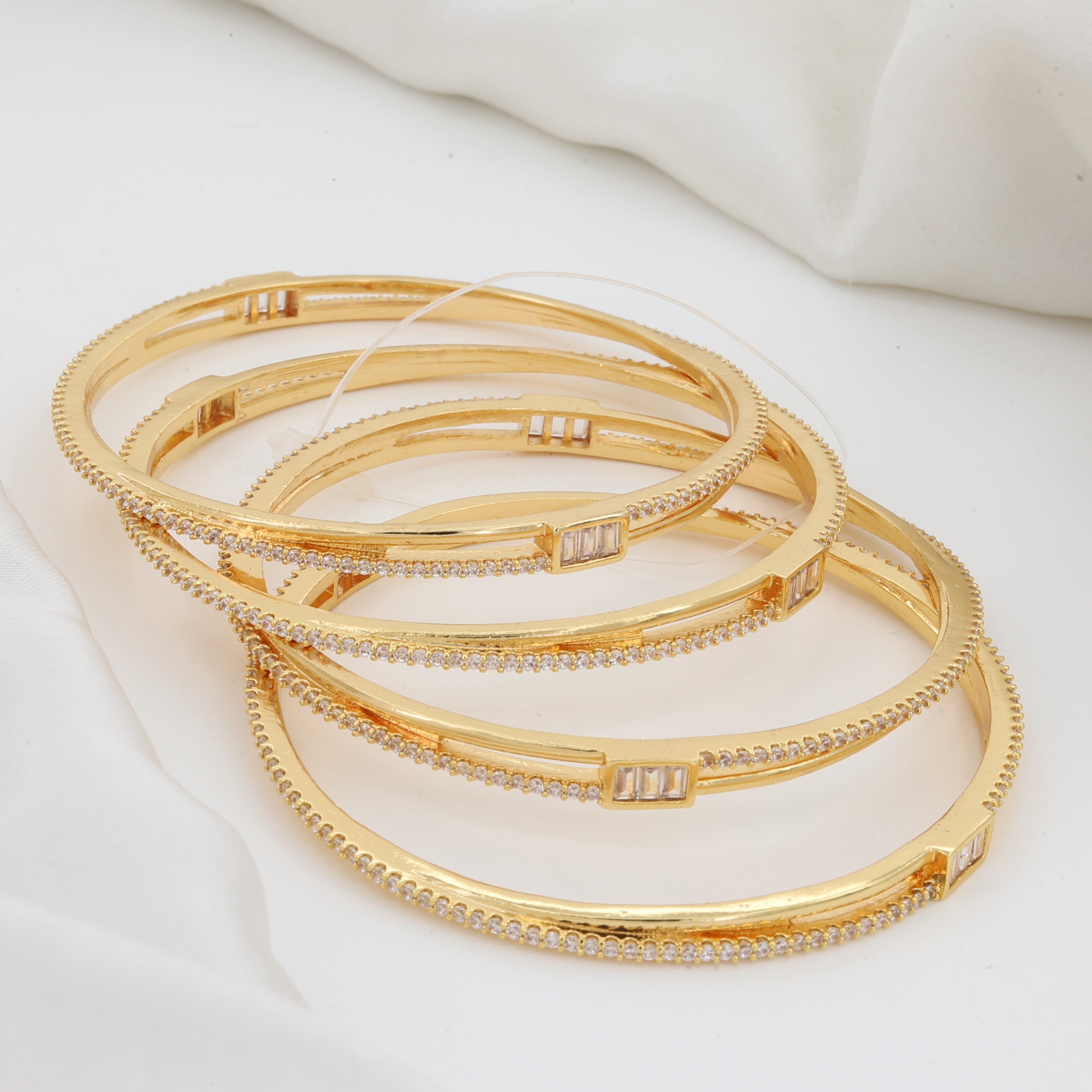 Sleek Gold-Tone CZ & Baguette Bangle Set of 4