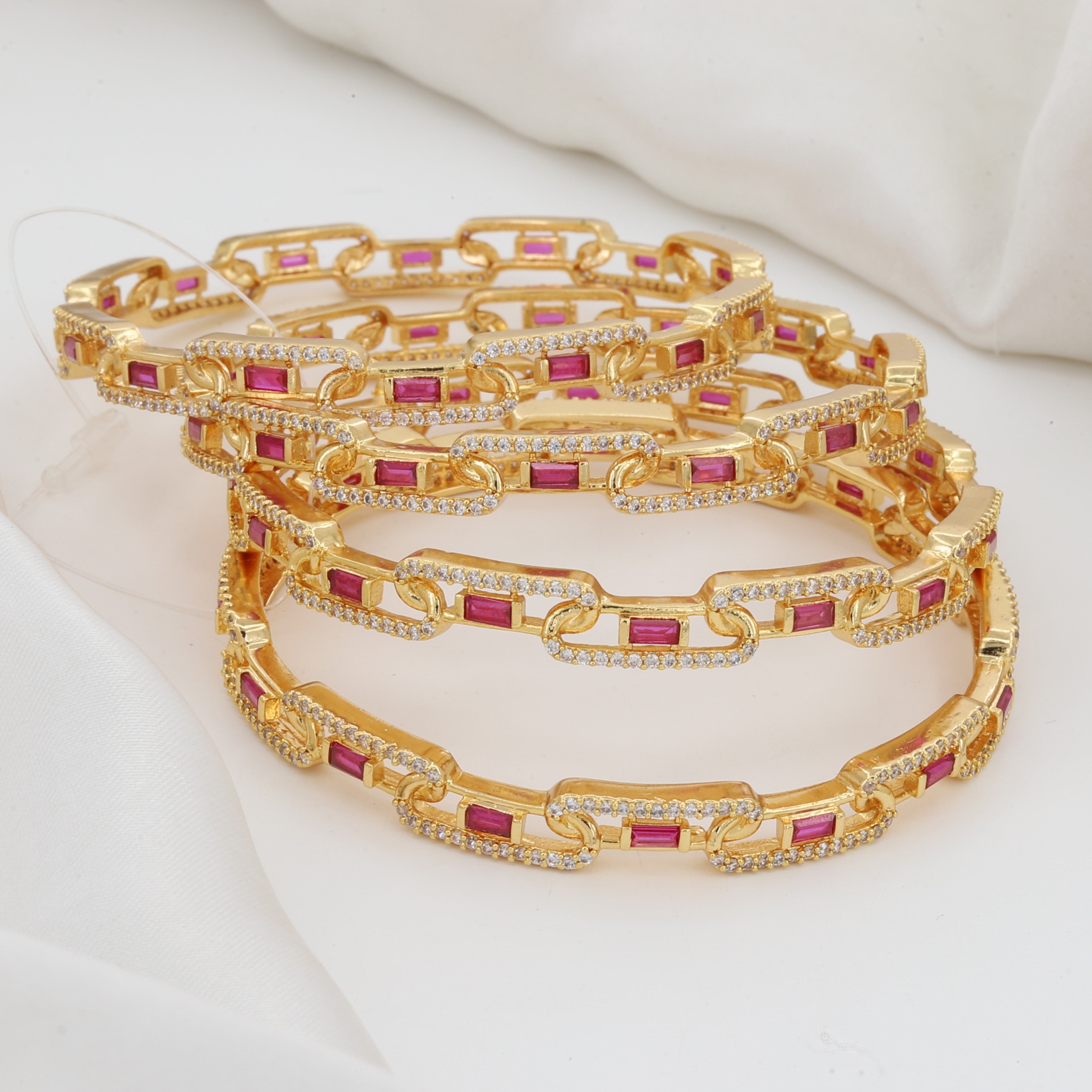 Bold Gold-Tone Chain Link Ruby & CZ Bangle Set of 4
