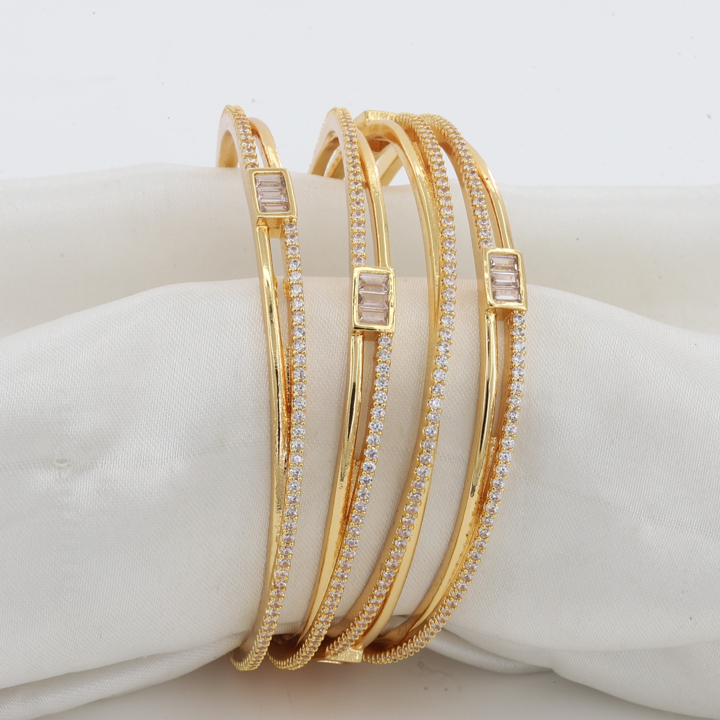 Sleek Gold-Tone CZ & Baguette Bangle Set of 4